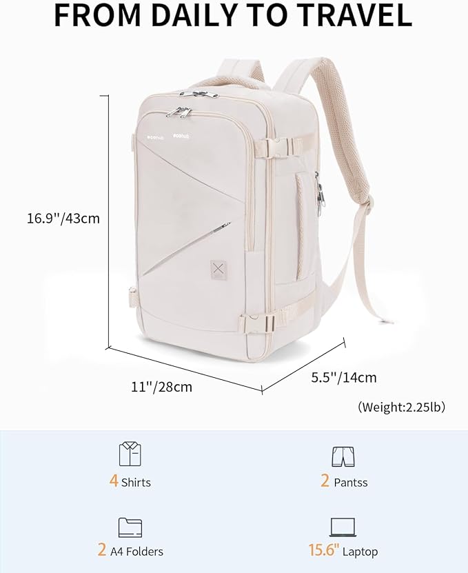 ECOHUB 17" Small Unisex Travel Backpack United Airlines Approved 17x10x9 Friendly Suitcase Anti-Theft Lockable Zippers Style Personal Item Bag Travel Essentials with 12 Pockets Water Resistant, White