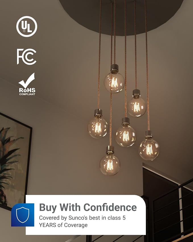 Sunco 10 Pack G25 LED Light Bulb, Globe, E26, 5W=60W, 3000K Warm White | 500LM, CRI80, Dimmable, Edison Vintage Filament, Medium Base, Lamp, Pendant, Chandelier, Indoor/Outdoor Lighting, Wet Rated