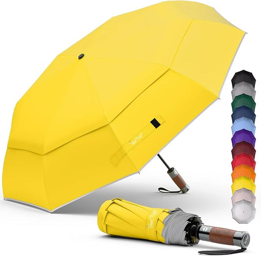 Royal Walk Windproof Folding Travel Umbrella Compact and Strong Luxurious Real Wood Handle Automatic Open Close Vented Double Canopy for Men and Women