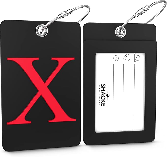 Shacke Luggage Tag Initial – Fully Bendable Tag w/Stainless Steel Loop - Black (Letter X)