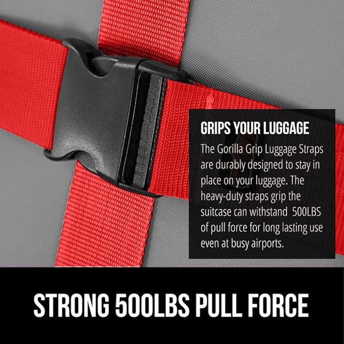 GORILLA GRIP Heavy Duty 8 Pack Adjustable Luggage Straps for Suitcases, Easy to Identify Travel Belt Connector Holds Suitcase Together, Extends Life of Bag, Strap Connects Two Bags, Accessories Red
