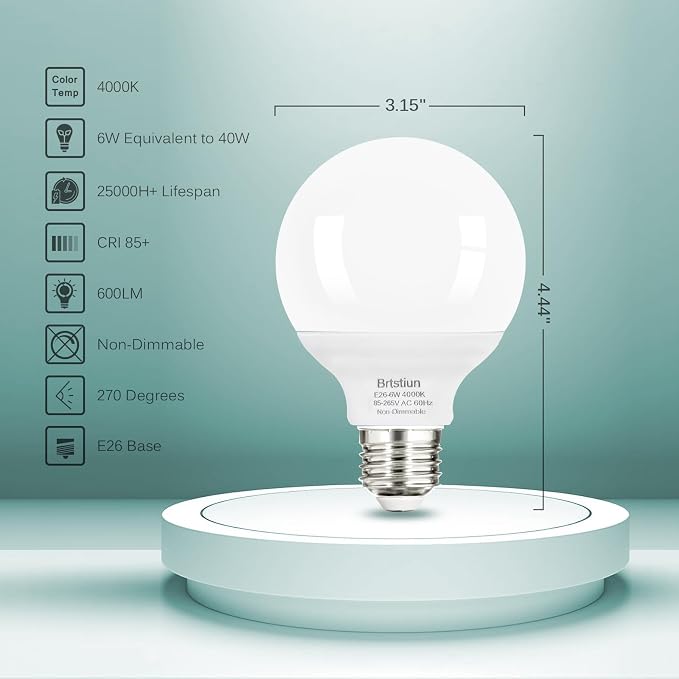 Brtstiun G25 LED Light Bulbs, Round Vanity Light Bulbs for Bathroom, 40W Equivalent, Cool White 4000K, E26 Base Globe Light Bulb, 600LM, Non-Dimmable, 4-Pack