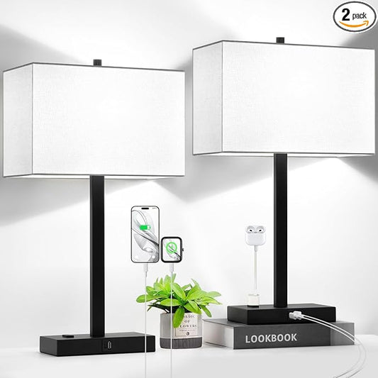 Lynnoland 21" Set of 2 Table lamp with USB A+C & AC Outlets, Touch Control 3-Way Dimmable Nightstand Lamps for Bedroom Living Room Office Reading, White Shade Touch Lamps, 5000K LED Bulbs Included