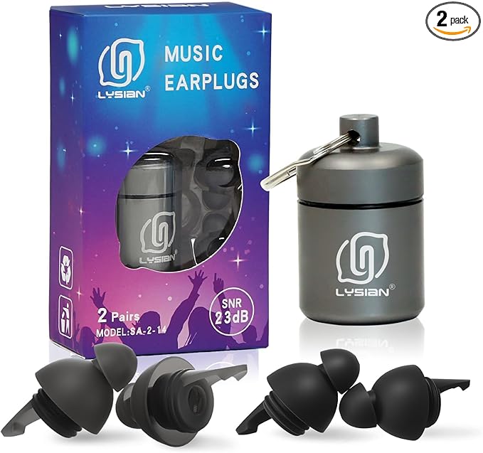 LYSIAN High-Fidelity Concert Ear Plugs for Drummers, Festivals, Party & Raves, Ergonomic Snug Fit Reusable Musician Earplugs, 2 Pairs Black -23dB Noise Reduction