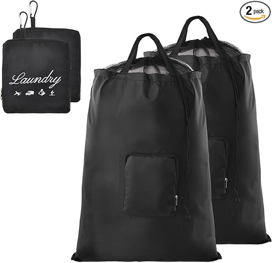Travel Laundry Bags, 2Pcs JHX Foldable Dirty Clothes Bag 【Upgraded】 with Fixed Drawstring Net, Handles and Carabiner, Portable Laundry Bags for Travel and Fitness (Dark-Black) 30"H x 21"W