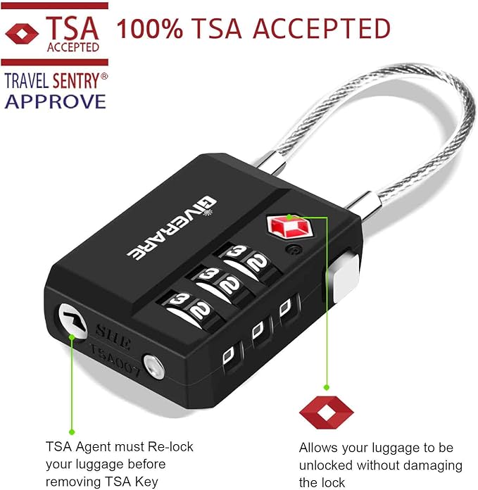 2 Pack TSA Approved Travel Luggage Locks, Cable Combination Lock 3-Digit, Keyless Suitcase Padlocks, Weatherproof Padlock for Locker, Golf Bag, Gun Case, Backpack, Anti Theft, Easy Read Dials-Black