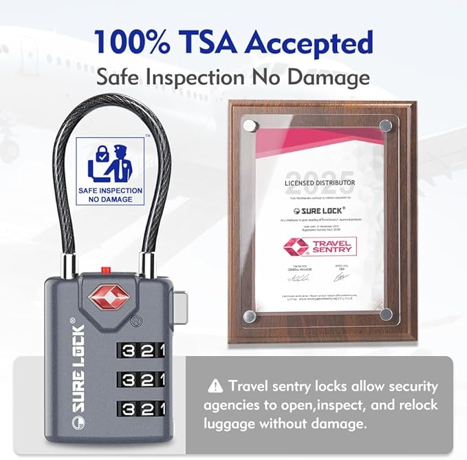 SURE LOCK TSA Approved Combination Luggage Locks with Open Alert Indicator – Durable Zinc Alloy Cable Travel Locks with Large Easy-Read Dials for Suitcases, Backpacks & Gym Bags(Grey 2 Pack)