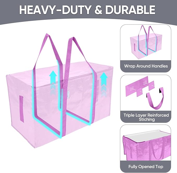 TICONN 4 Pack Extra Large Moving Bags Heavy Duty with Zippers & Carrying Handles, Durable Storage Bags Moving Boxes for Closet Organizers and Storage (4 Pack, Pink)