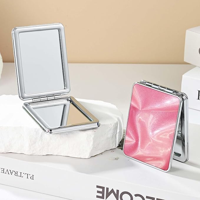 Pocket Mirror, Small Travel Mirror with Magnification, Portable Double-Sided Magnifying Cosmetic Mirror for Daily (Gorgeous Pink)
