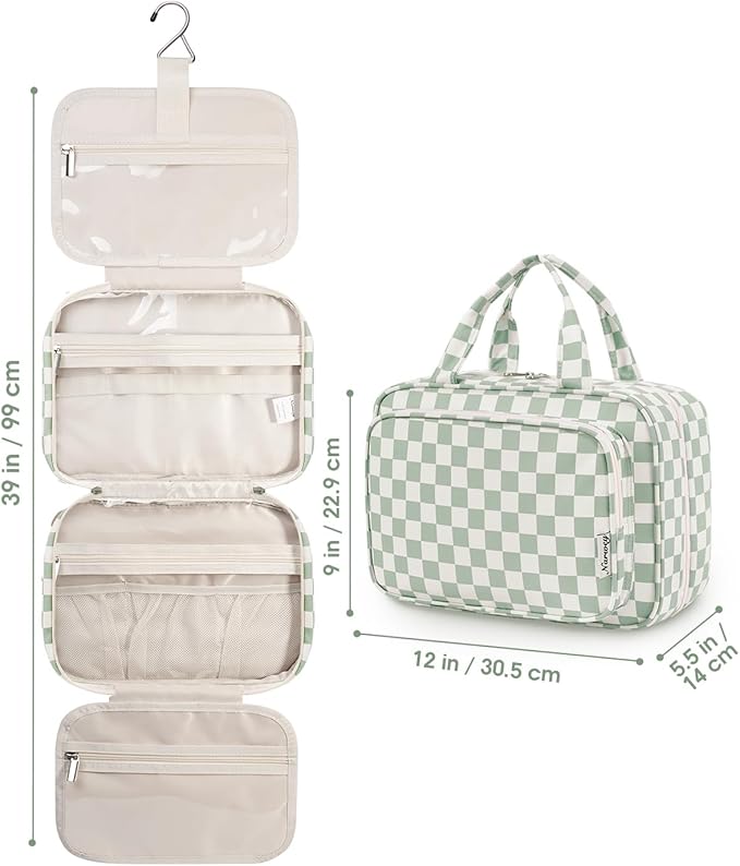 Narwey Travel Toiletry Bag for Women Large Capacity, Hanging Makeup Bag Organizer Toiletries Bag for Full Size Essentials, Accessories, Brushes, Cosmetics (Mint Green Checkerboard (Large))