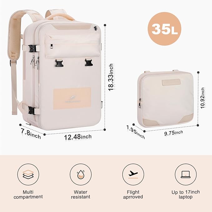Maelstrom Travel Backpack for Women Men,35L Waterproof Laptop Backpack Fits 17-Inch Laptop, Gift for School Work Backpack with Detachable Crossbody Bag & Shoe Compartment(Beige, Large-Upgrade)