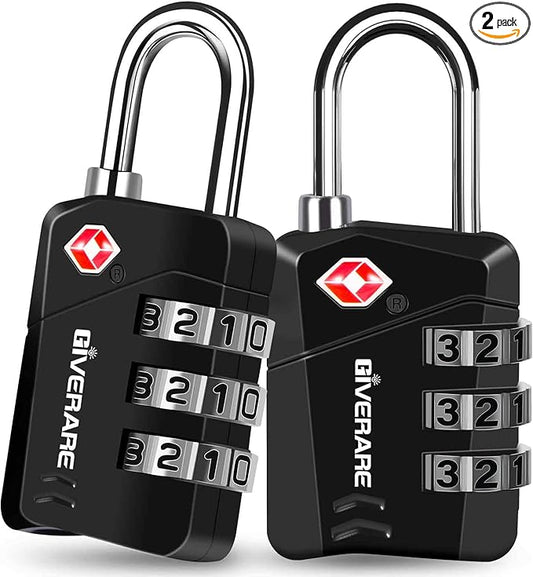 2 Pack TSA Approved Travel Luggage Locks, Metal Combination Lock, Alloy Keyless 3-Digit Padlocks, TSA Accepted Compatible Padlock for Gym Locker, Golf Bag Case, Backpack, Black-by GIVERARE