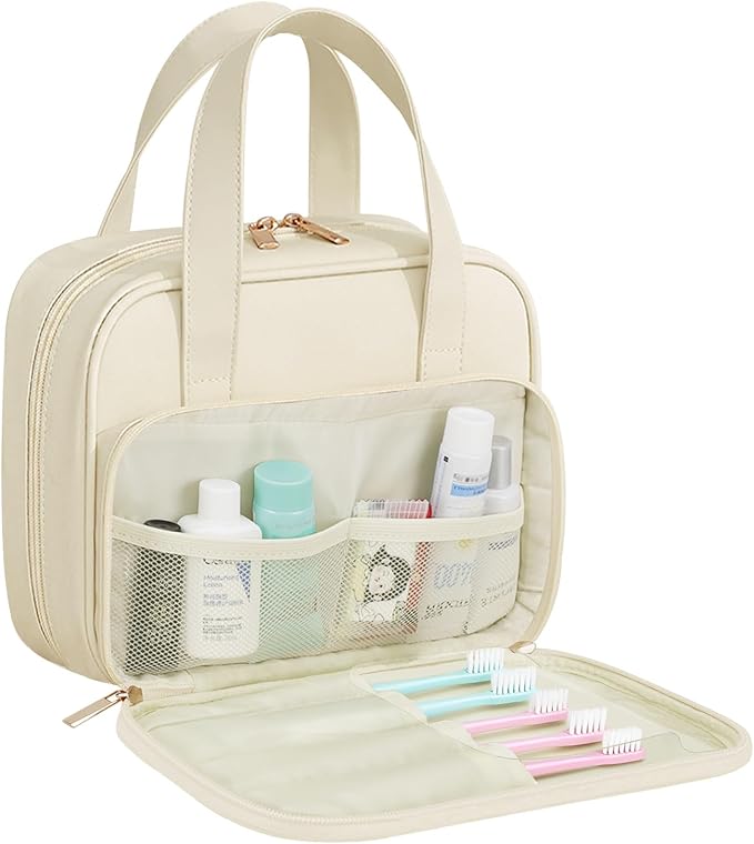 Travel Toiletry Bag, Water-resistant PU Leather Makeup Bag with Multiple Compartments, Large Capacity Makeup Organizer Bag with Handle for Accessories, Essentials, Toiletries, Beige