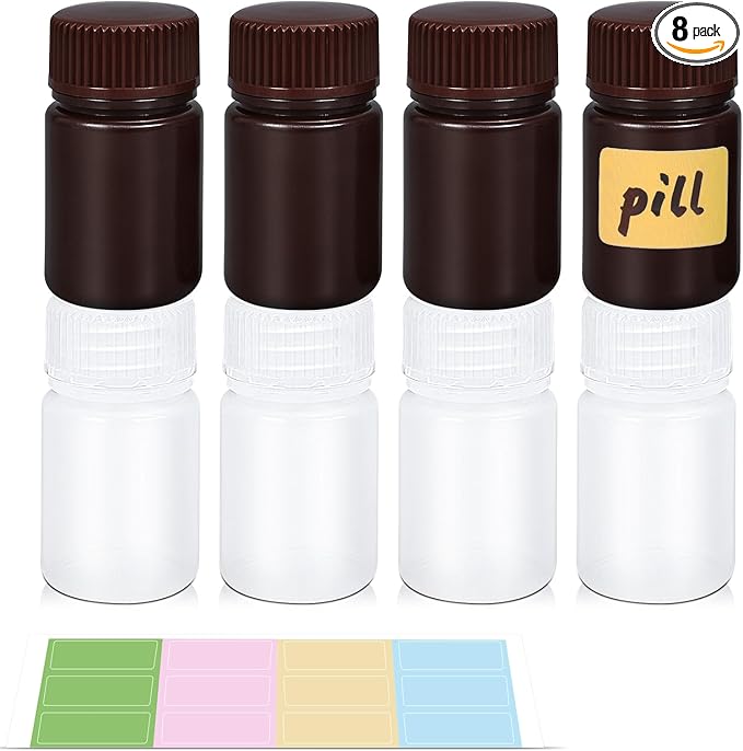 Small Pill Bottle, Empty Medicine Bottles with Screw Caps for Pills Capsules Vitamins, Food Grade Plastic Medicine Containers with Labels for Travel (Translucent&Brown, 1oz/30ml, 8 Pcs)