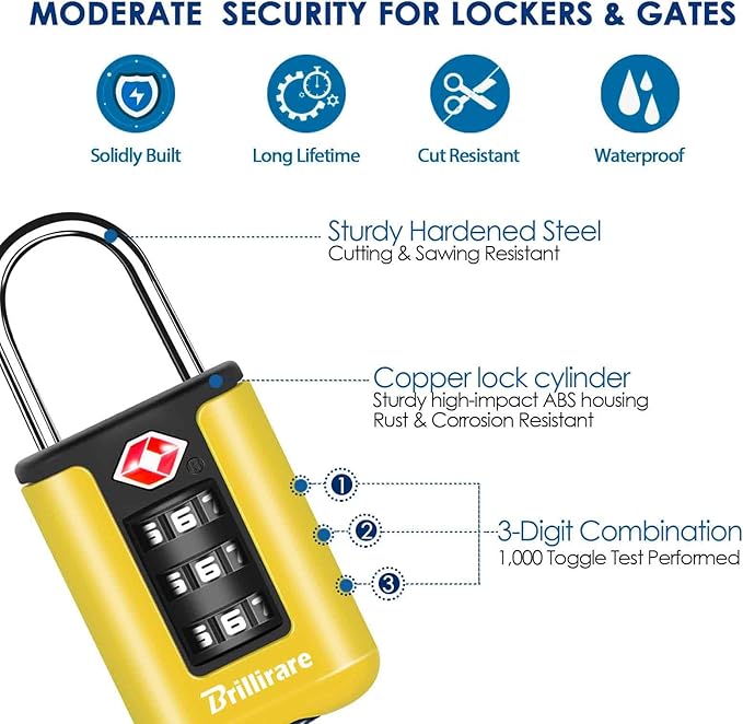 2 Pack TSA Approved Luggage Locks, Combination Travel Padlock, 3-Digit Waterproof Lock, TSA Outdoor Keyless Resettable Lock for Lockers, Bags, Backpack, Gym, Gate-Yellow