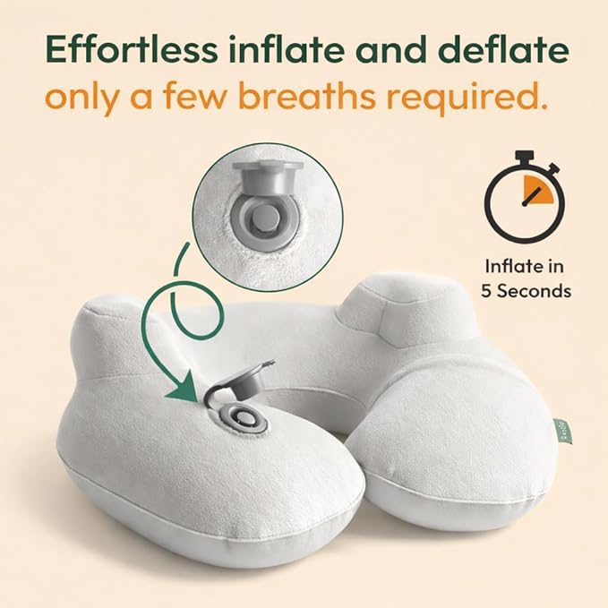 Inflatable Travel Neck Pillow with Adjustable Memory Foam Sides | Lightweight, Soft & Portable Support (Light Gray, Standard)