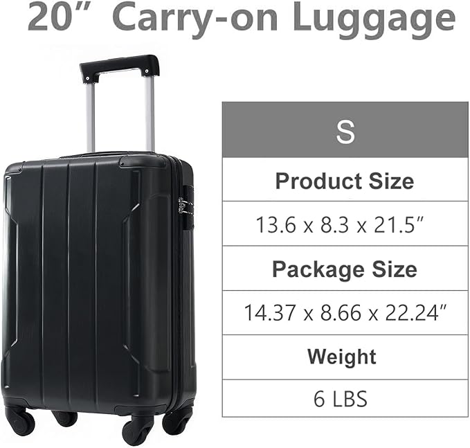 20 Inch Carry On Luggage, Lightweight ABS Hard Shell Suitcase with Spinner Wheels, Durable Travel Luggage with Combination Lock & Side Hooks for Men Women, Black