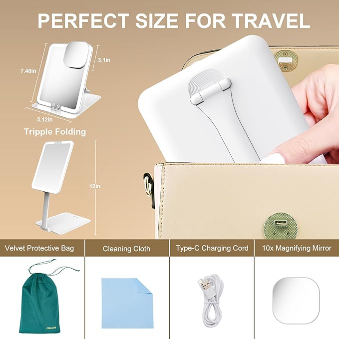 Mocado Travel Makeup Mirror with Light - 7x5 Inches Tripple Folding Travel Mirror with Light, 3 Colors Lighted Makeup Mirror, Portable Makeup Mirror, Freely Adjust Height and Angle(White)