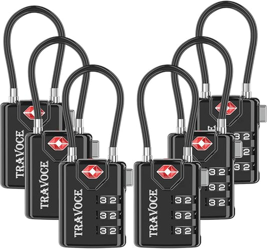 • TRAVOCE TSA Approved Luggage Locks - Heavy Duty 3 Digit Combination Cable Lock, Search Alert for Suitcases, Backpacks, Golf Bags, Tents, Violin and Camera Cases, 6 Pack, Black
