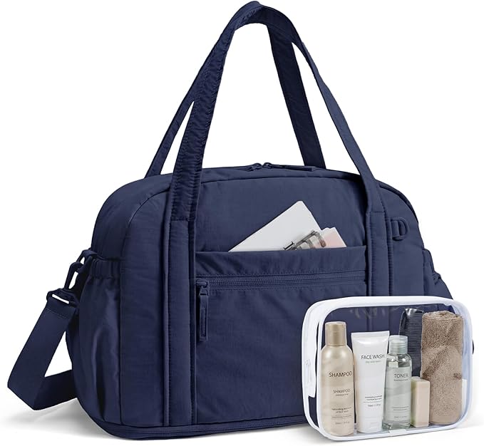 BAGSMART Expandable Personal Item Travel Bag, Lightweight Gym Bag for Women, 24L Weekender Travel Duffle with Toiletry Bag, Carry on Overnight Duffel, Navy Blue