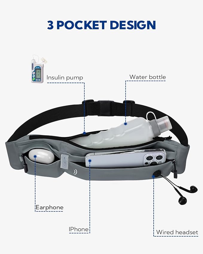 WATERFLY Running Belt Fanny Pack: Runner Marathon Jogging Waist Pack Sport Workout Exercise Fitness Phone Holder Belt for Men Women Jogger Slim Waistband