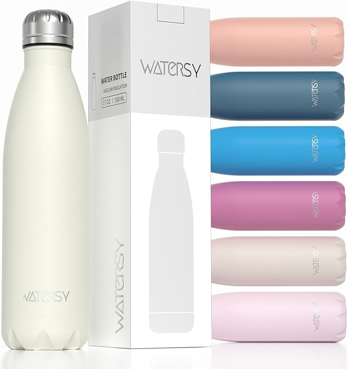WATERSY Stainless Steel water bottles,17oz/500ml Insulated Water Bottles,Cream White metal water bottle Keeps Drink Cold and Hot,BPA Free kids water bottles for School,Gym,Travel,Sports