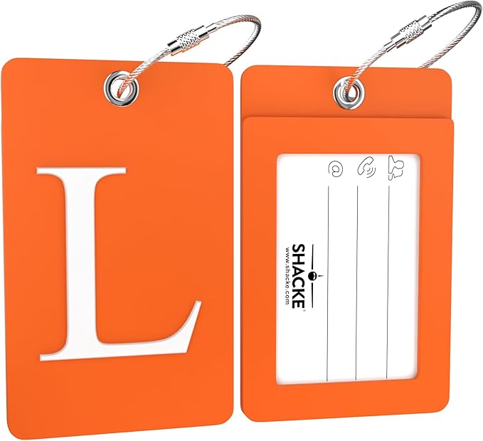 Shacke Luggage Tag Initial – Fully Bendable Tag w/Stainless Steel Loop - Orange (Letter L)