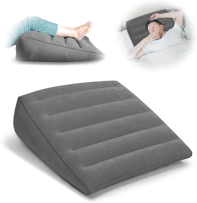 Inflatable Wedge Pillow for Travel and Home, Portable Bed Wedge for Back Support and Leg Elevation, Lightweight Triangle Pillow for Sleeping, Reading, and Camping, 22.4x22.83x7.48 Inches, Gray
