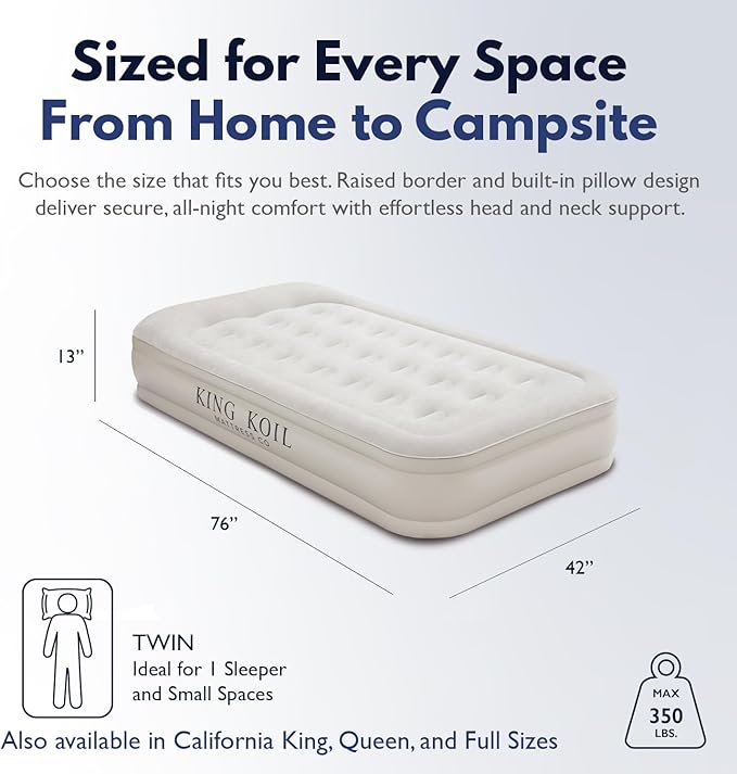 King Koil Luxury Twin Air Mattress with Built-in High-Speed Pump for Home, Guests & Camping - Twin Size Premium Double High Inflatable Blow Up Mattress