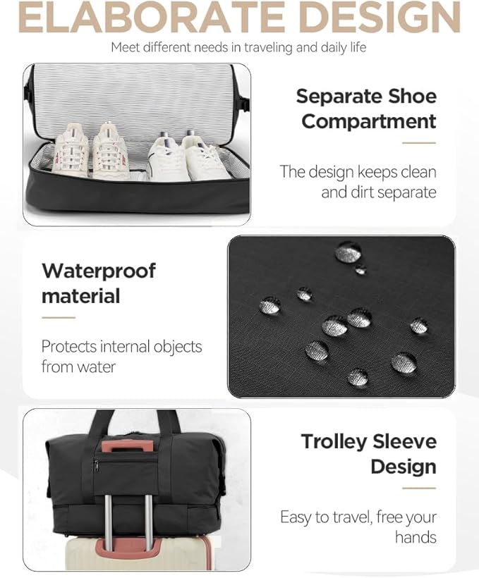 Oeihuivt Weekender Bags for Women - 21 Inch Large Travel Duffel Bag 2-Piece Set with Shoe Compartment, Heavy-Duty Canvas Leather Carry On Overnight Tote