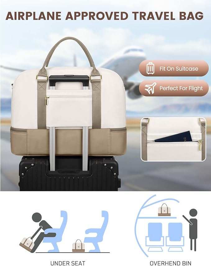 Weekender Travel Duffle Bag for Women: Overnight Bags with Shoe Compartment Carry on Bags for Airplanes with Toiletry Bag Yoga Gym Bag with Wet Pocket Travel Duffel Tote Bag Hospital Bag Khaki Beige