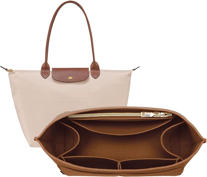 OPPOSHE Purse Organizer Insert for Longchamp Le Pliage, Premium Felt Long Champ Bag Handbag Women, Tote Organizer Insert with 9 Compartments (Large, Earth Brown)