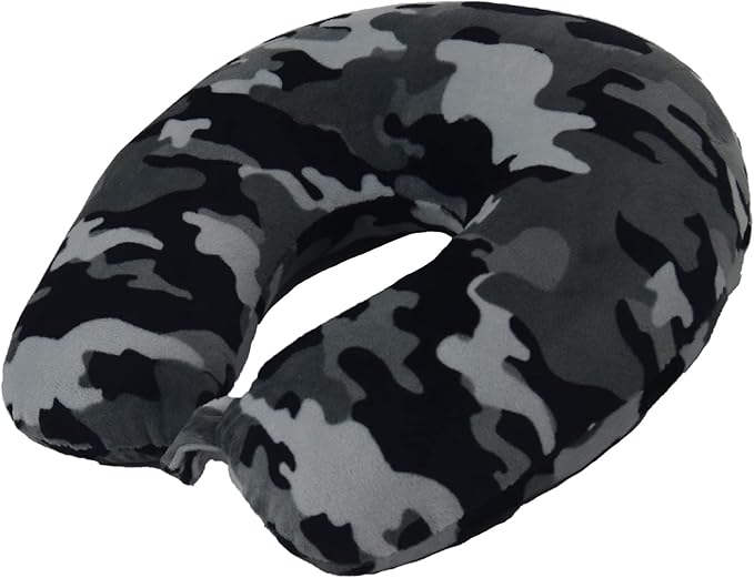 Adult Cozy Soft Microfiber Neck Pillow for Travel – Compact, Machine Washable - Perfect for Airplane, Car, or Home Use - Filled and Finished in The USA – Black Camo