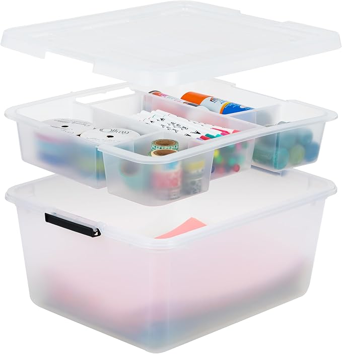IRIS USA Clip Box with Removable Tray and Latching Lids, 18 Quart Craft Storage Bins, Art & Writing Supply Containers for Home, Office & Classroom Organization