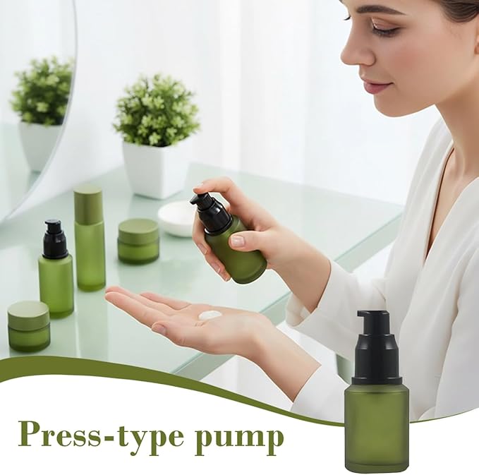 1PCS 60ML/2OZ Empty Refillable Green Frosted Glass Bottles with Pump Vial Cosmetic Dispenser Jars Storage Container Portable Travel Bottle Sample Trial Packing
