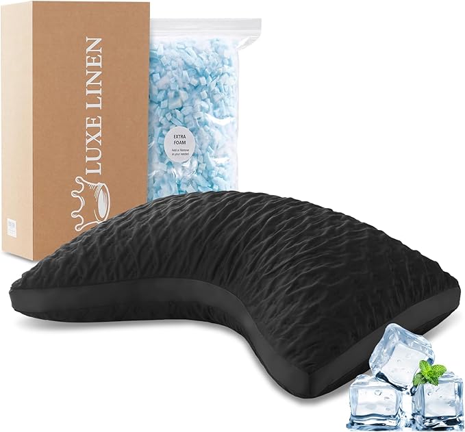 Cooling Contour Pillow for Side and Back Hot Sleepers Curved Pillow for Neck and Shoulder Pain Relief – Adjustable Shredded Memory Foam Pillow with Washable Cover Black, Black Queen Size