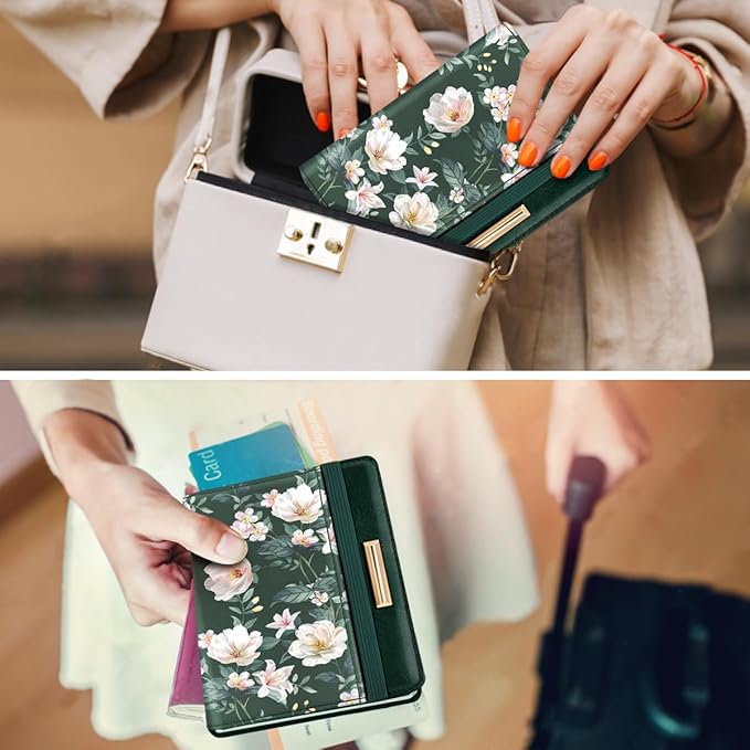 Passport Holder Cover, RFID Travel Wallet Credit Card Holder Cute Green Floral Passport Book Holders for Women with Elastic Band and Golden Metal Decoration, Alpine Green