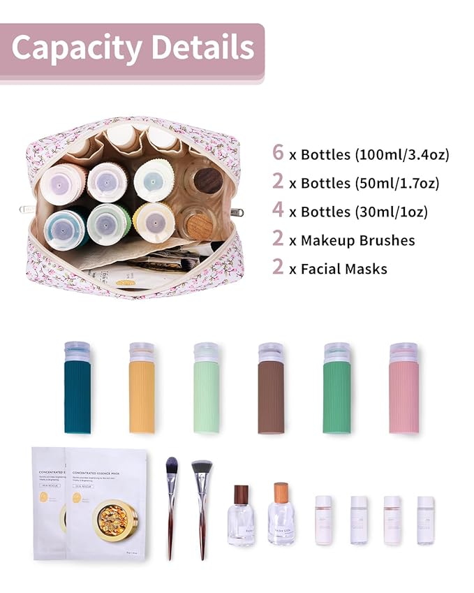 Narwey Cute Floral Makeup Bag Travel Cosmetic Bag Organizer Toiletry Bag Make Up Bags with Compartments for Women Girls (Pink Flower, Large)