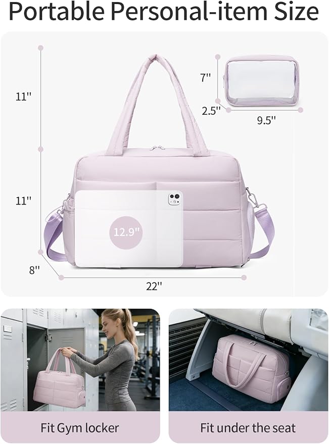 Gitus Carry On Duffle Gym Bag for Women Puffer Weekender Overnight Duffel Bag for Travel with Clear Toiletry Pouch Sport Yoga Fitness Essentials Gifts (Lavender)