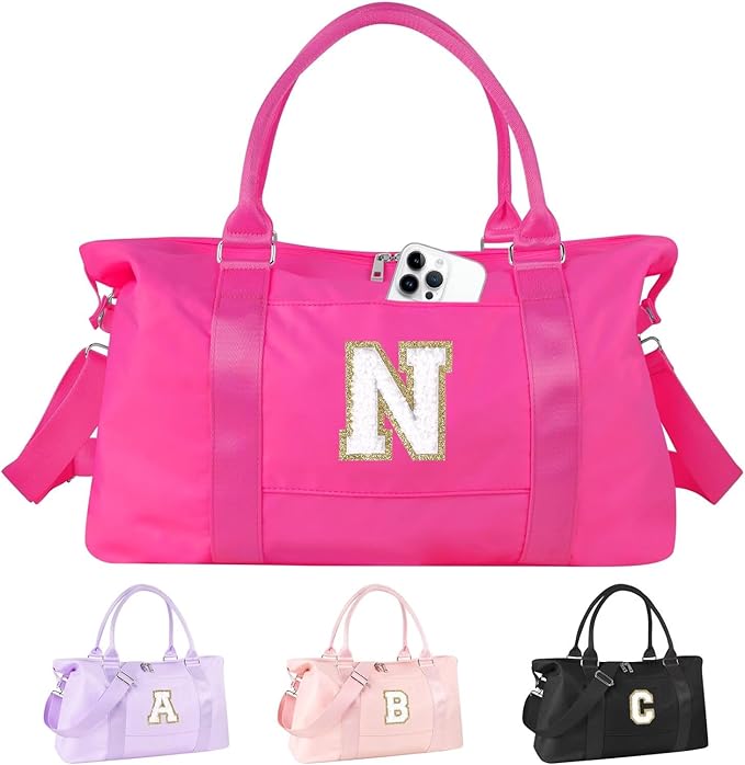 Dance Gym Duffel Bag for Teen Girls, Personalized Initial Travel Weekender Bag,Cute Overnight Carry On Duffle for Women,Sports Travel Cheer Bag,Monogram Christmas Gifts for Tween Preppy(rosered-N)