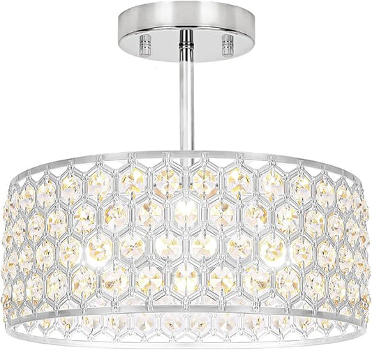 Lxybcce Chrome Crystal Ceiling Light Fixture - Modern Semi Flush Mount Ceiling Light for Hallway, Kitchen Lighting Fixtures Ceiling, Dazzling Prism Chandelier for Foyer Closet Bedroom, 3 Light, 12 in