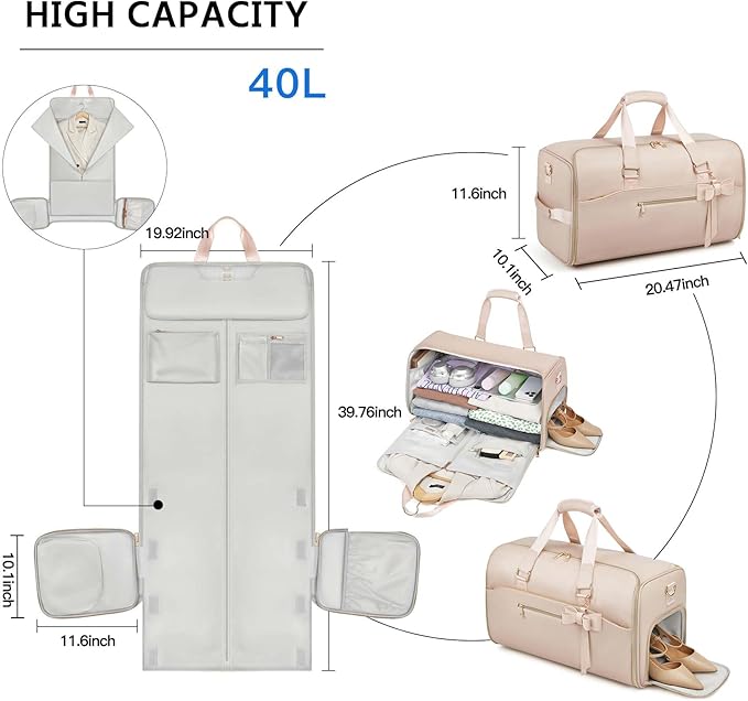 Garment Duffle Bags for Travel,Moulyan Convertible Garment Bag with Shoe Compartment,3 in 1 Waterproof Travel Suit Bag with Shoulder Strap for Women