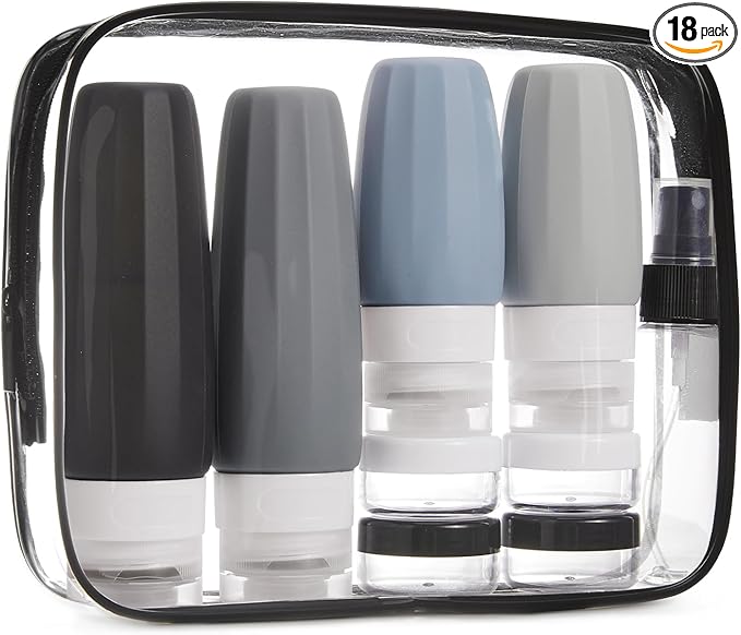 BAGSMART 18 Pack TSA Approved Travel Bottles for Toiletries, Leak Proof Silicone Travel Size Containers Bottles for Shampoo, Grey