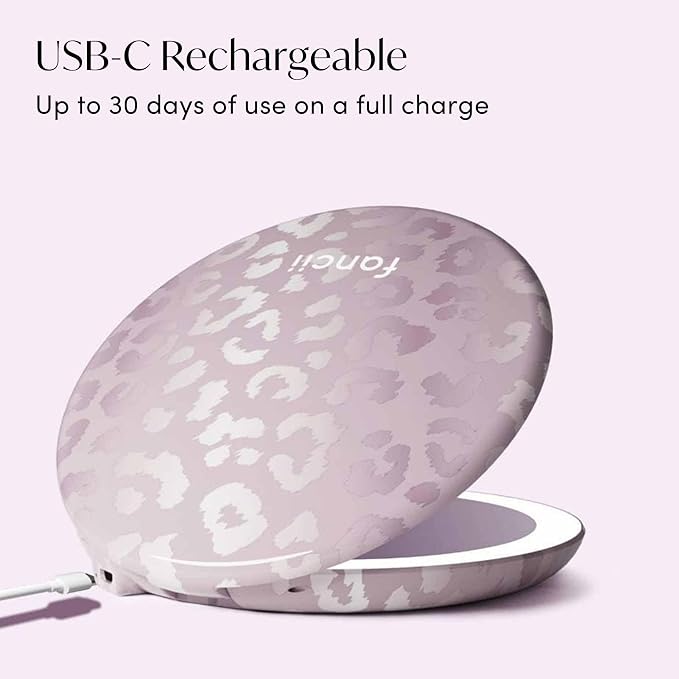 Fancii Taylor LED Lighted Travel Makeup Mirror, Rechargeable, 10x /1x Magnifying, Tru-Glow Lighting System, XL Large 5” Wide | Compact Mirror for Purses (Cosmic Leopard)