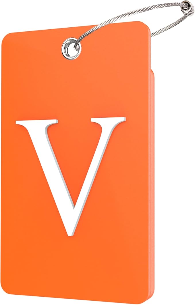 Gostwo 2 Pack Luggage Tags for Suitcases, 26 Initial Letter Travel Luggage Baggage Identification Labels ID Tag Fully Bendable Tags with Stainless Steel Loop (Orange) (Letter V)