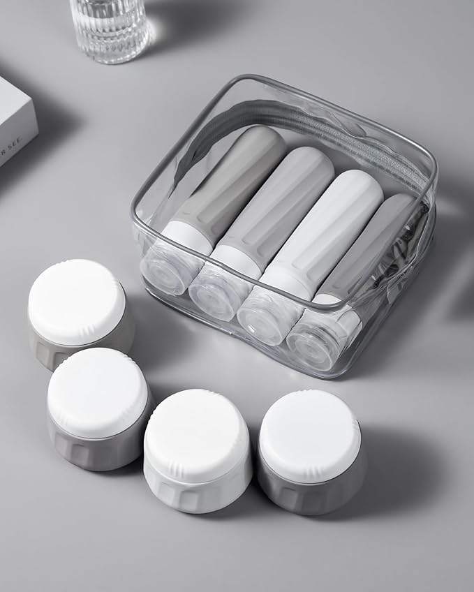 Travel Size Toiletries 8 Pack, TSA Approved 3oz Silicone Squeeze Bottles & Cream Jars with Clear Travel Bag