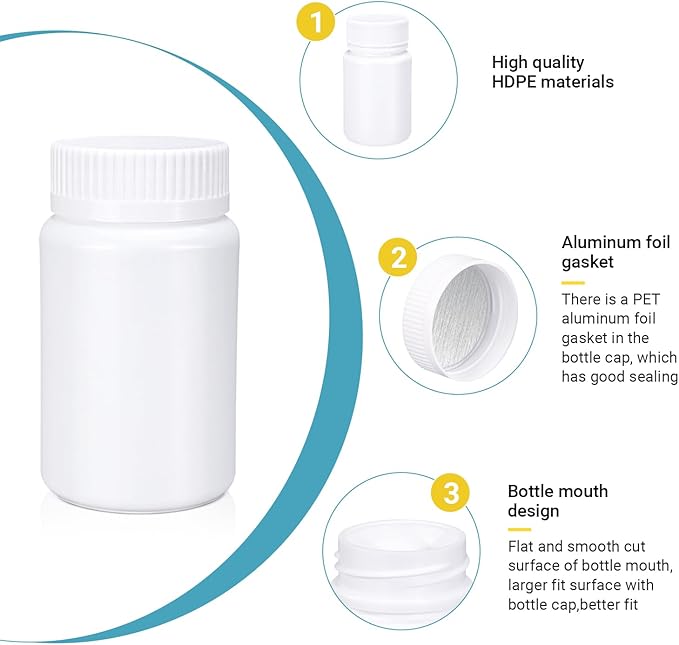 White Pill Bottle, Empty Medicine Bottles with Screw Caps for Pills Capsules Vitamins, Food Grade Plastic Medicine Containers with Labels for Travel (3.4oz/100ml, 4 Pcs)