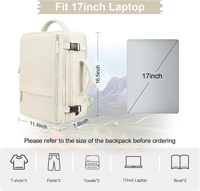 Hanples Travel Backpack for Women Men Large Carry On Person Item Flight Approved 17 In Laptop Backpack Waterproof anti theft Casual Luggage with 2 Toiletry Bag(Beige)