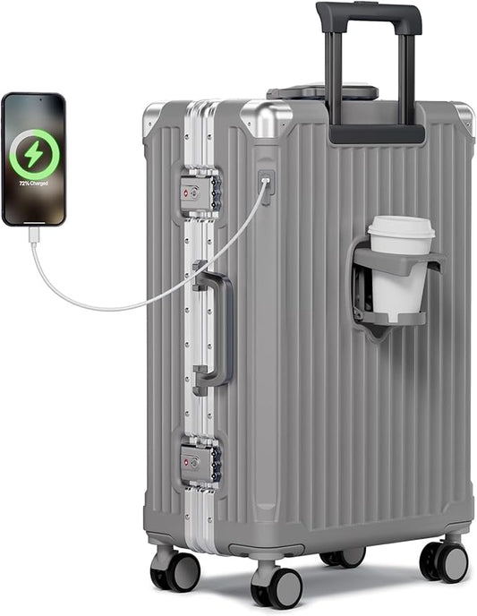 Krute Zipperless Luggage with Spinner Wheels Checked Aluminum Frame Luggage PC Hard Shell Suitcase with Charger and Cup Holder TSA Lock No Zipper 24 Inch Suitcases Gray
