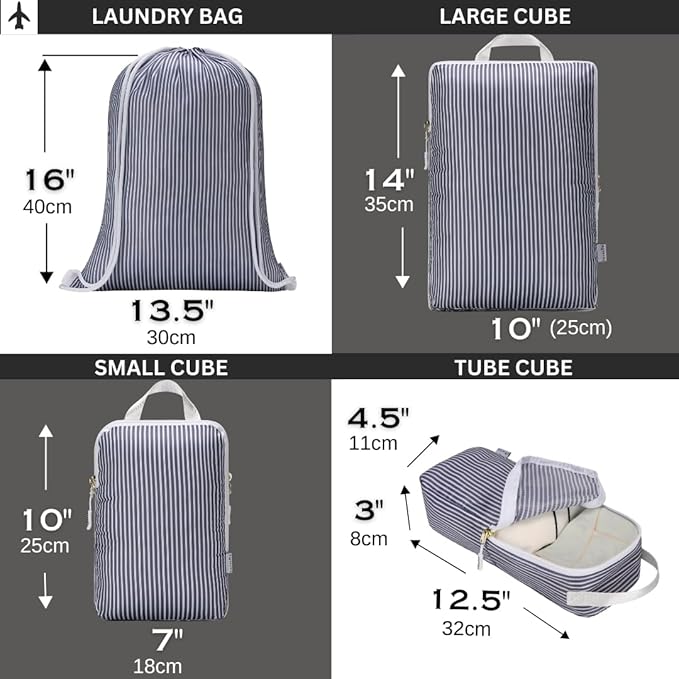 Compression Packing Cubes for Travel 6PC Set - Suitcase Organizer & Space Saver Bags for Carry On Luggage with Drawstring Backpack Grey Stripe